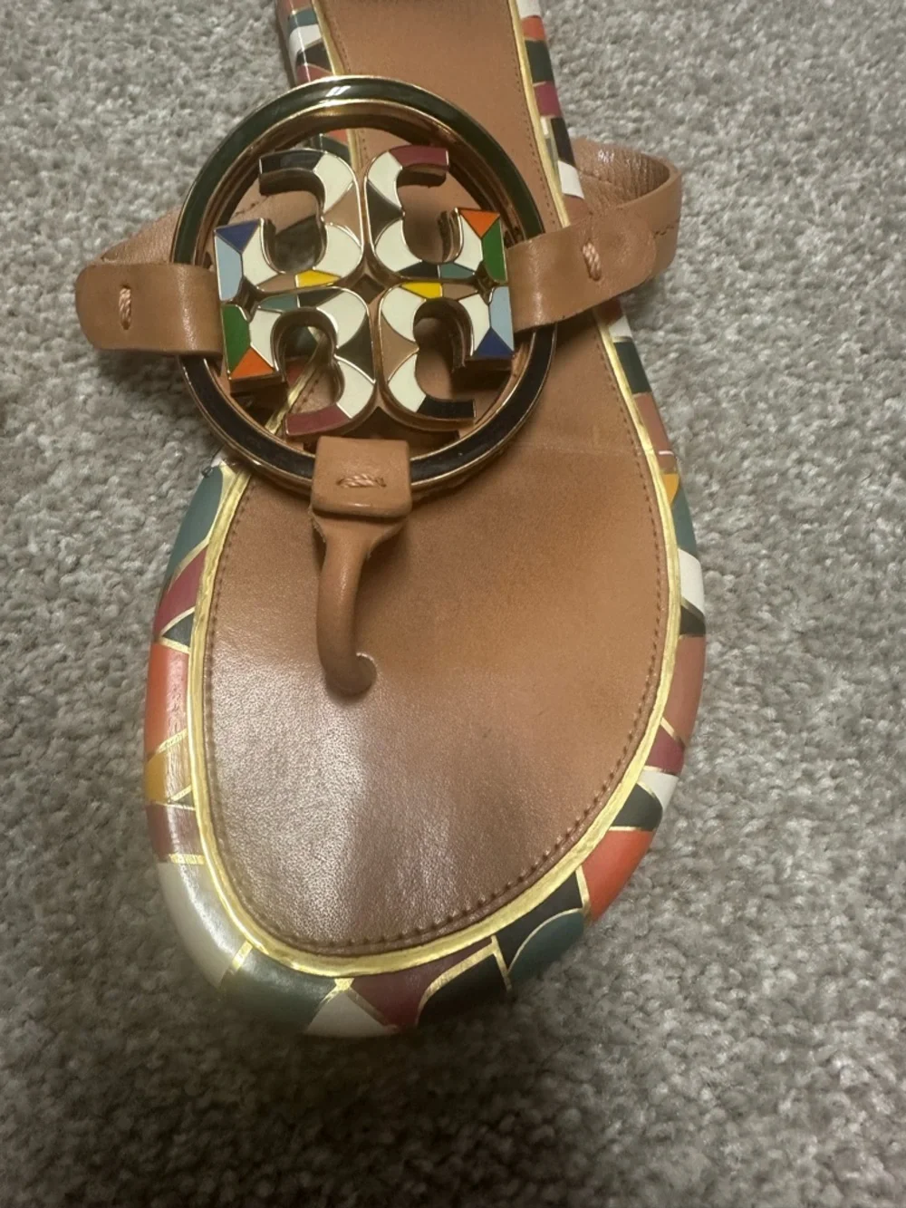Tory Burch Miller tan Thong Sandals with Multicolor Trim and Logo Medallions - Picture 3 of 5